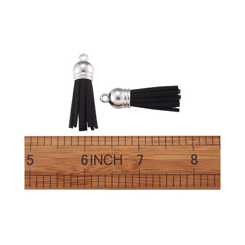 Tassels, Faux Suede, With Silver CCB Plastic Cord Ends, Black, 35-37mm - BEADED CREATIONS