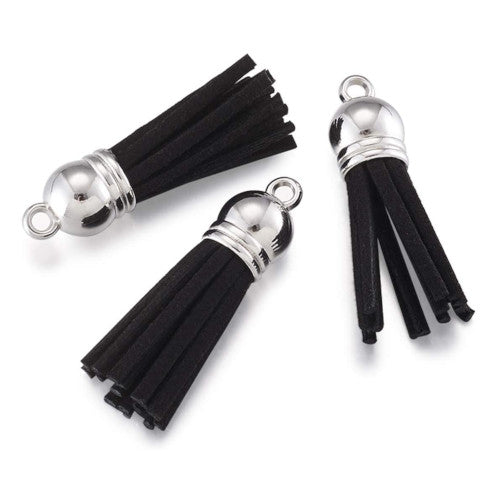 Tassels, Faux Suede, With Silver CCB Plastic Cord Ends, Black, 35-37mm - BEADED CREATIONS