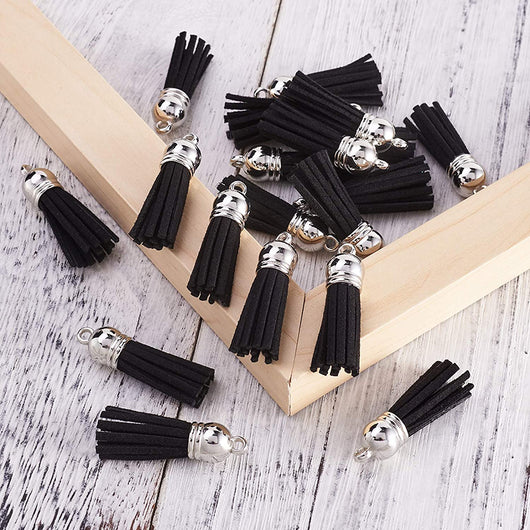 Tassels, Faux Suede, With Silver CCB Plastic Cord Ends, Black, 35-37mm - BEADED CREATIONS