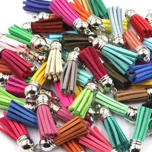 Tassels, Faux Suede, With Silver CCB Plastic Cord Ends, Mixed Colors, 35-37mm - BEADED CREATIONS