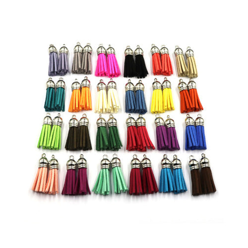 Tassels, Faux Suede, With Silver CCB Plastic Cord Ends, Mixed Colors, 35-37mm - BEADED CREATIONS