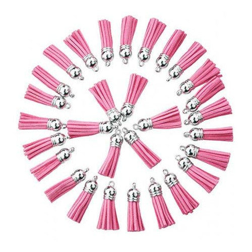 Tassels, Faux Suede, With Silver CCB Plastic Cord Ends, Pink, 35-37mm - BEADED CREATIONS