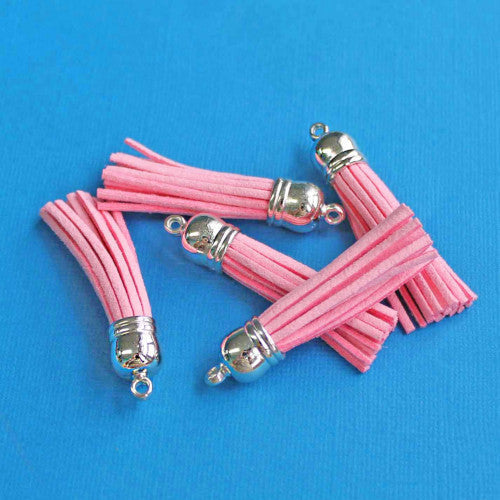 Tassels, Faux Suede, With Silver CCB Plastic Cord Ends, Pink, 35-37mm - BEADED CREATIONS