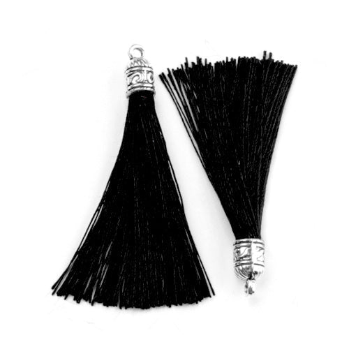 Tassels, Nylon, With Antique Silver Alloy Findings, Black, 55-67mm - BEADED CREATIONS