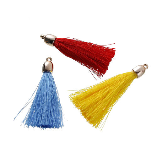 Tassels, Nylon, With Golden CCB Plastic Cap, Mixed Colors, 55mm - BEADED CREATIONS