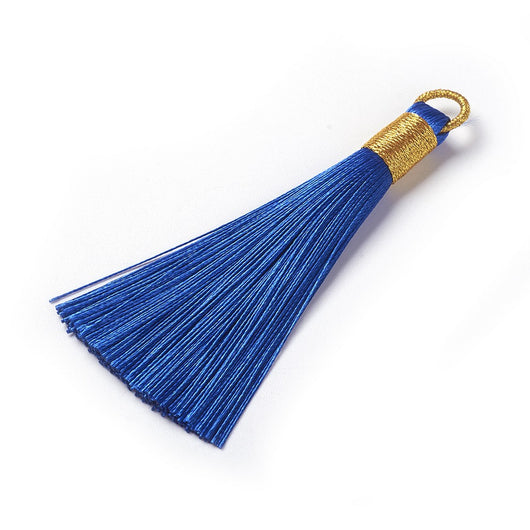 Tassels, Polyester, Medium Blue, Gold, 80-83mm - BEADED CREATIONS
