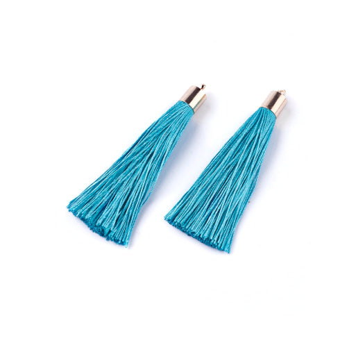 Tassels, Polyester, With Gold Cap, Deep Sky Blue, 58-65mm - BEADED CREATIONS