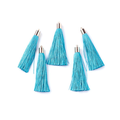 Tassels, Polyester, With Gold Cap, Deep Sky Blue, 58-65mm - BEADED CREATIONS