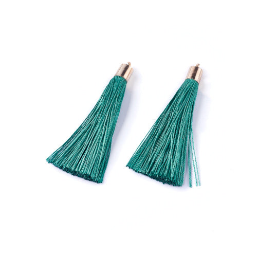 Tassels, Polyester, With Gold Cap, Teal, 58-65mm - BEADED CREATIONS