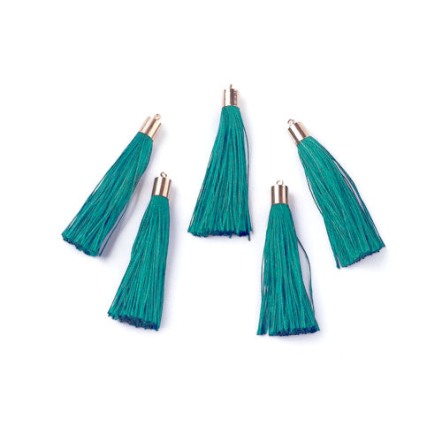 Tassels, Polyester, With Gold Cap, Teal, 58-65mm - BEADED CREATIONS