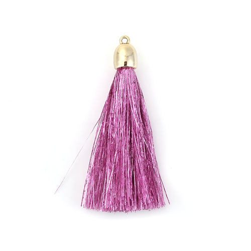 Tassels, Polyester, With Golden CCB Cap, Metallic, Purple, 75mm - BEADED CREATIONS