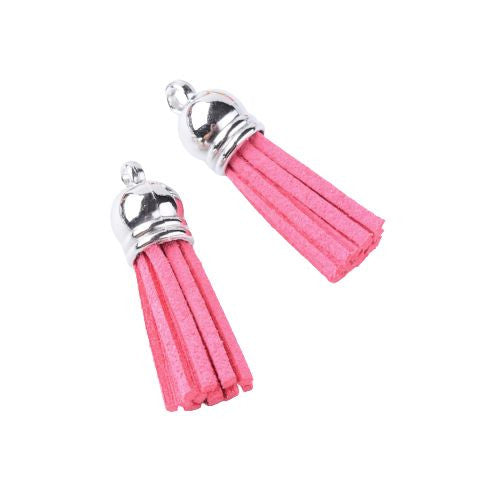 Tassels, Suede, Fuchsia, With Silver Caps, 35-37mm - BEADED CREATIONS