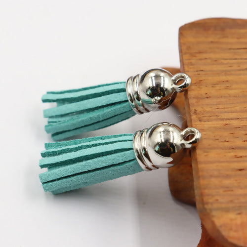 Tassels, Suede, Turquoise, With Silver Caps, 35-37mm- BEADED CREATIONS