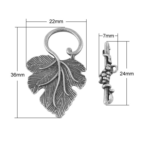 Toggle Clasps, Alloy, Antique Silver, Grape Leaf, Single-Strand, 36mm - BEADED CREATIONS