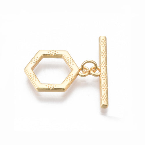 Toggle Clasps, Hexagon, Textured, Brass, 18K Gold Plated, 16mm - BEADED CREATIONS