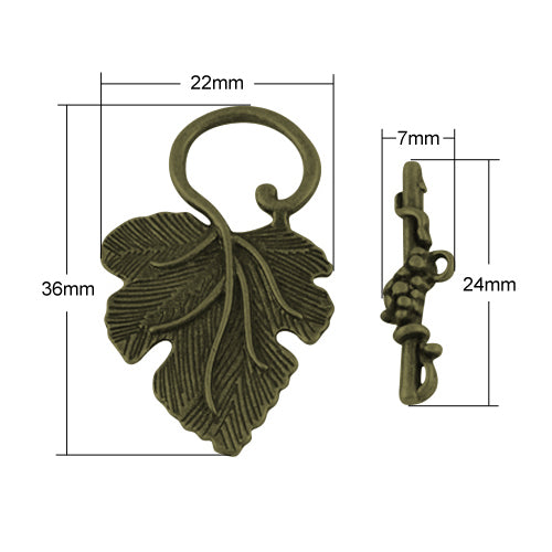 Toggle Clasps, Grape Leaf, Antique Bronze, Alloy, 36mm - BEADED CREATIONS