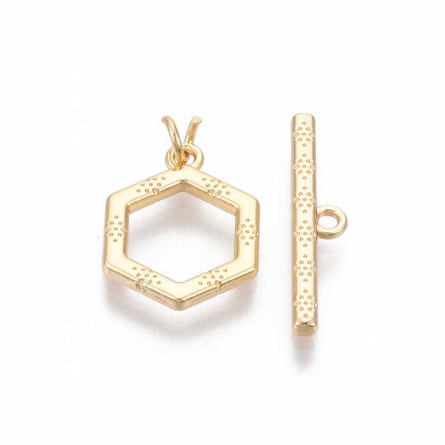 Toggle Clasps, Hexagon, Textured, Brass, 18K Gold Plated, 16mm - BEADED CREATIONS