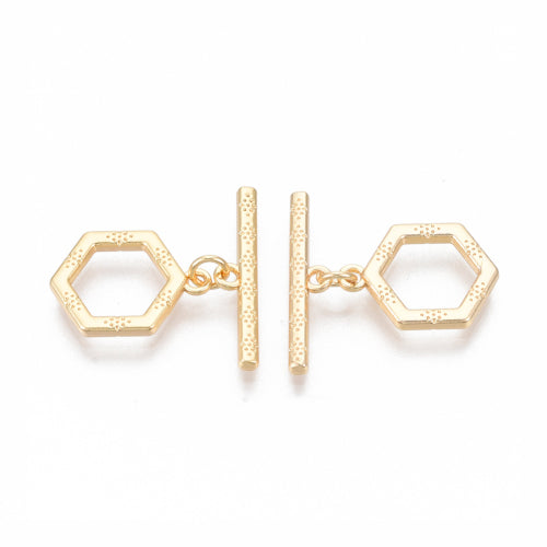 Toggle Clasps, Hexagon, Textured, Brass, 18K Gold Plated, 16mm - BEADED CREATIONS