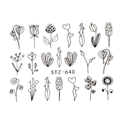 Water Transfer Decals, Doodle Art, Hearts, Flowers, Black, STZ-640 - BEADED CREATIONS