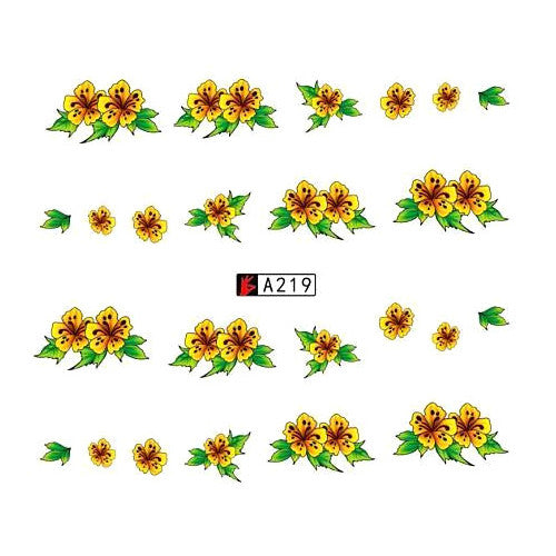 Water Transfer Decals, Flowers, Leaves, Yellow, Green, Nail Art Sliders - BEADED CREATIONS