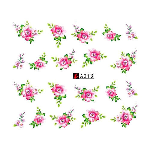 Water Transfer Decals, Flowers, Magenta, Green, Nail Art Sliders - BEADED CREATIONS