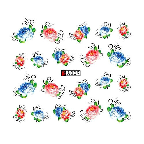 Water Transfer Decals, Flowers, Red, Blue, Nail Art Sliders - BEADED CREATIONS