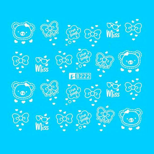 Water Transfer Decals, Nail Art Sliders, Bows, Glasses, Bears, Hearts, White, B222W - BEADED CREATIONS