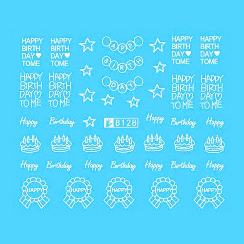 Water Transfer Decals, Nail Art Sliders, Happy Birthday, White, B128W - BEADED CREATIONS