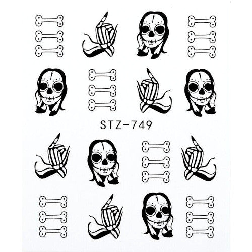 Water Transfer Decals, Nail Art Sliders, Skulls, Bones, Halloween, Black, STZ749 - BEADED CREATIONS