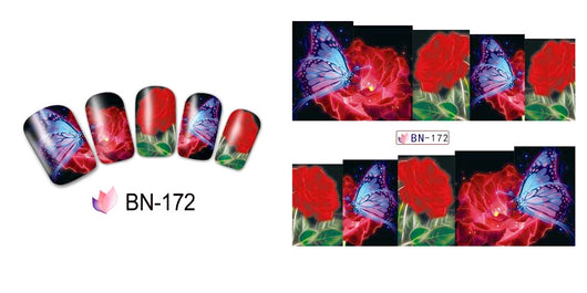 Water Transfer Decals, Nail Art, Floral, Roses, Butterflies, Red, Blue. BN172 - BEADED CREATIONS
