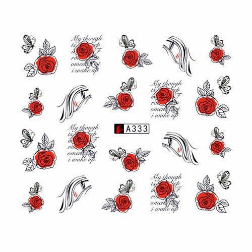 Water Transfer Decals, Nail Art, Floral, Roses, Butterflies, Script, Red, Black. A333 - BEADED CREATIONS