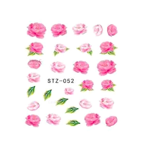 Water Transfer Decals, Nail Art, Floral, Roses, Leaves, Pink, Green. STZ-052 - BEADED CREATIONS
