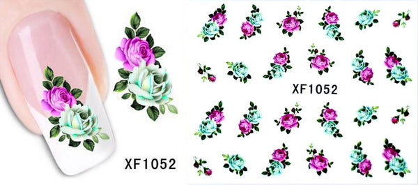Water Transfer Decals, Nail Art, Floral, Roses, Pink, Blue. XF1052 - BEADED CREATIONS