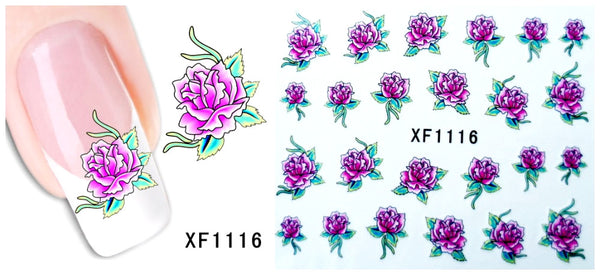 Water Transfer Decals, Nail Art, Floral, Roses, Purple, Green. XF1116 - BEADED CREATIONS