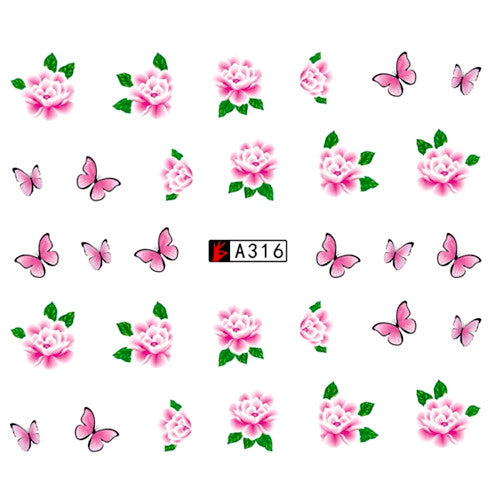 Water Transfer Decals, Nail Art, Flowers, Butterflies, Pink, Green. A316 - BEADED CREATIONS