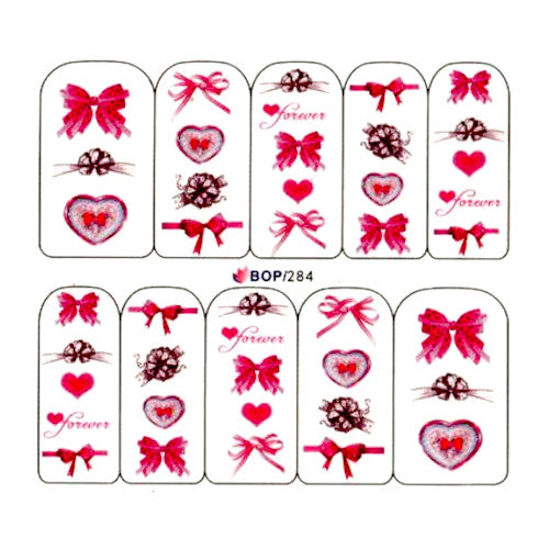 Water Transfer Decals, Nail Art, Ribbons, Bow, Hearts, Script, Pink. BOP284 - BEADED CREATIONS