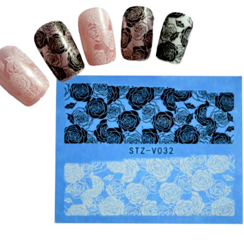 Water Transfer Decals, Nail Art, Roses, Floral, Black, White - BEADED CREATIONS