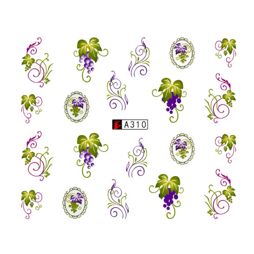 Water Transfer Decals, Nail Art, Vines, Grapes, Purple, Green. A310 - BEADED CREATIONS
