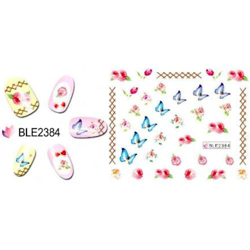 Water Transfer Sliders, Nail Art Decals, Flowers, Butterflies, Blue, Pink. BLE2384 - BEADED CREATIONS