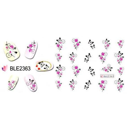 Water Transfer Sliders, Nail Art Decals, Flowers, Butterflies, Pink, Black. BLE2363 - BEADED CREATIONS