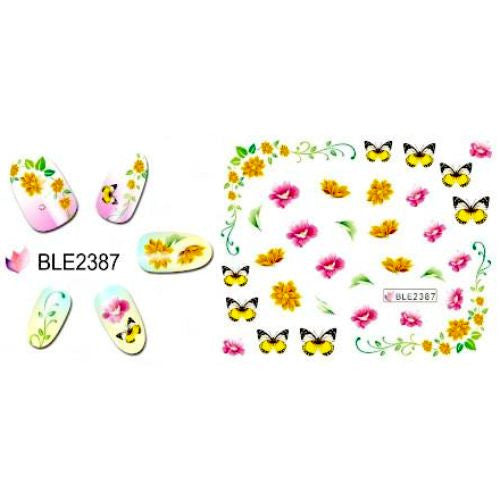 Water Transfer Sliders, Nail Art Decals, Flowers, Butterflies, Pink, Yellow. BLE2387 - BEADED CREATIONS