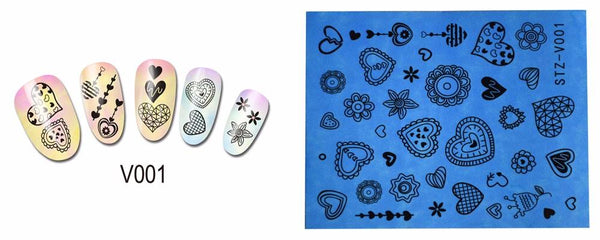 Water Transfers, Nail Art, Decals, Hearts, Flowers, Black, V001 - BEADED CREATIONS