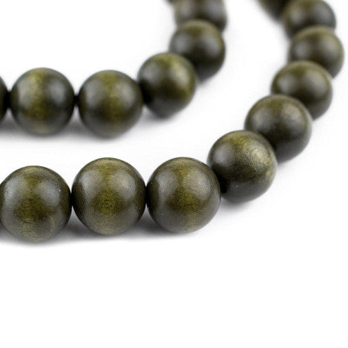 Wood Beads, Round, Dyed, Olive Green, 15mm - BEADED CREATIONS