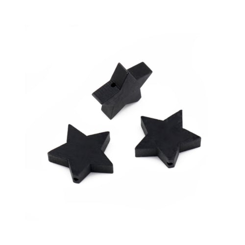 Wood Star Beads, Natural, Black, 17mm