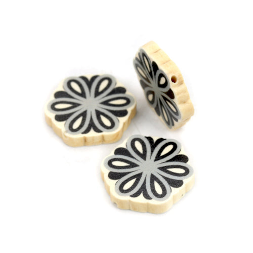 Wood Beads, Flower, Printed, Black, Grey, 28mm - BEADED CREATIONS