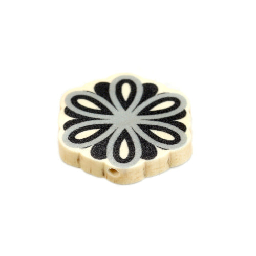 Wood Beads, Flower, Printed, Black, Grey, 28mm - BEADED CREATIONS