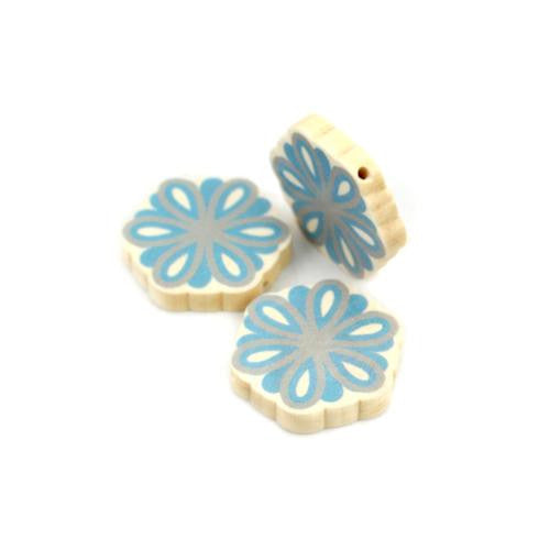 Wood Beads, Flower, Printed, Dark Sky Blue, Grey, 28mm - BEADED CREATIONS