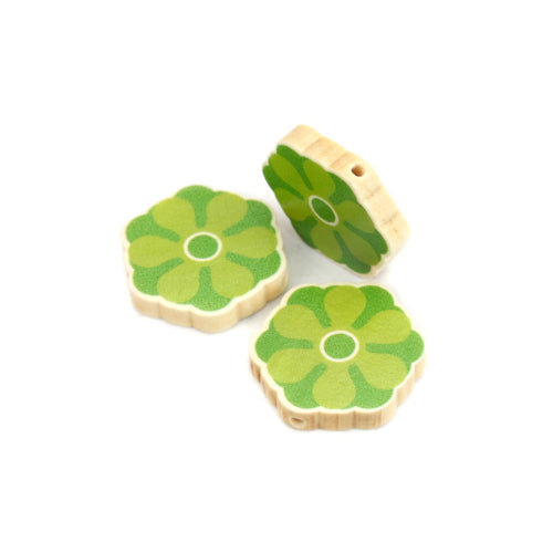 Wood Beads, Flower, Printed, Green, 28mm - BEADED CREATIONS