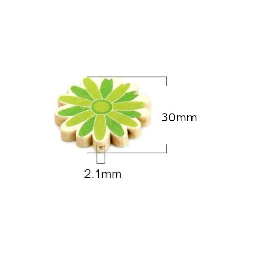 Wood Beads, Flower, Printed, Green, 30mm - BEADED CREATIONS