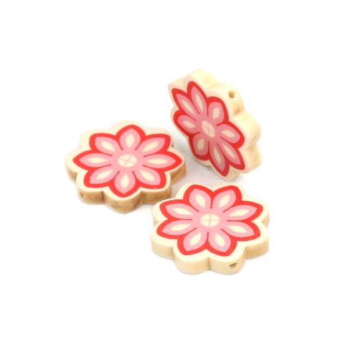 Wood Beads, Flower, Printed, Light Pink, Red, 30mm - BEADED CREATIONS